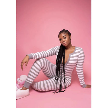 New Sexy Women Long Sleeve V-neck Stripe Playsuits One Piece Pajamas Nightwear Cute Sleepwear Romper Set