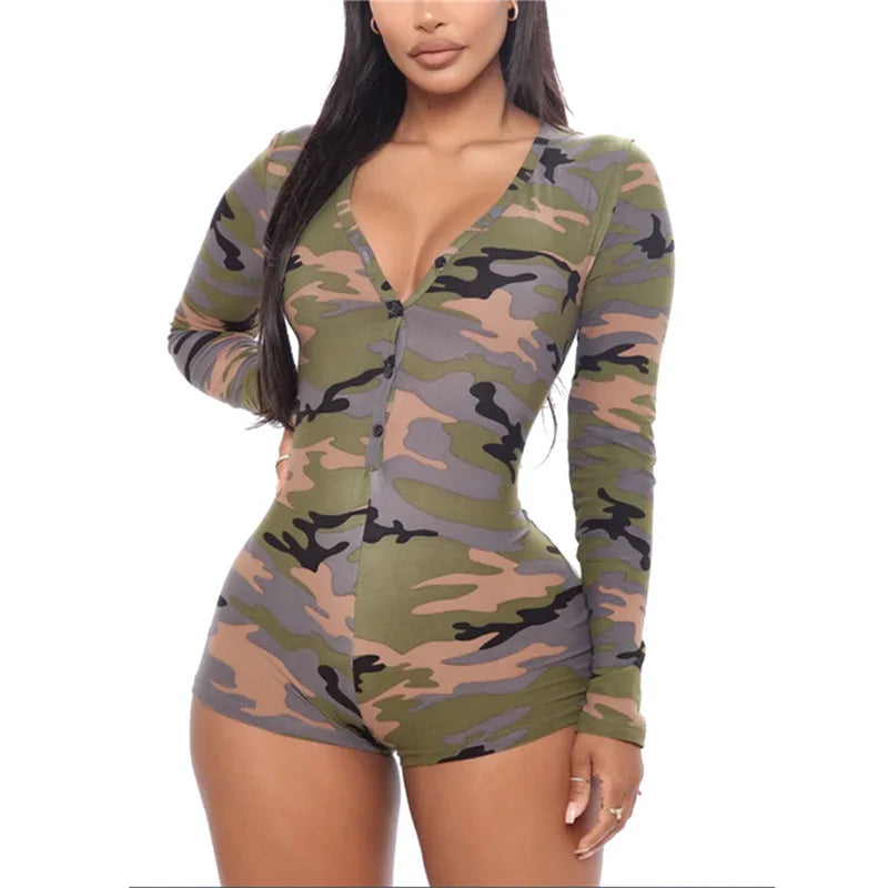 CHRONSTYLE Women Plaid Playsuit Sleepwear Camouflage Print Sexy V-neck Slim Playsuit One-piece Bodycon Buttons Up Short Jumpsuit