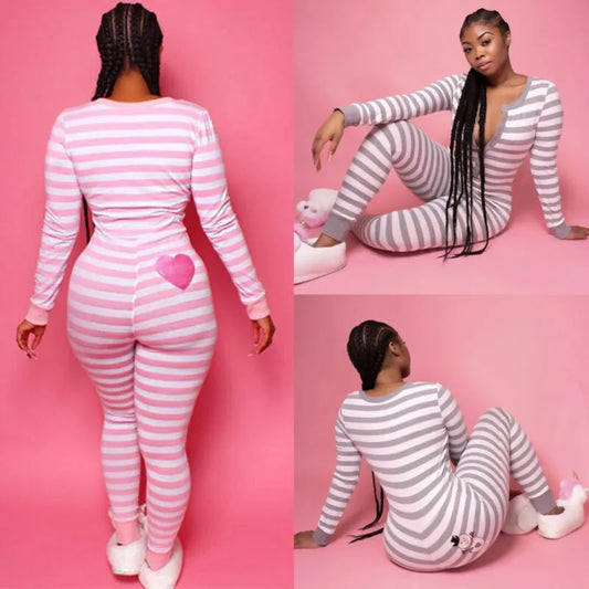 New Sexy Women Long Sleeve V-neck Stripe Playsuits One Piece Pajamas Nightwear Cute Sleepwear Romper Set