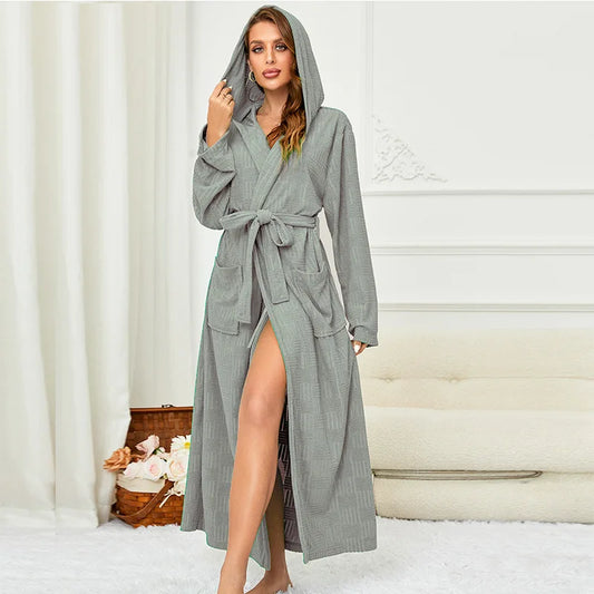 Cotton Bathrobe Gown with Pocket Solid Kimono Robe Loungewear Women Loose Hooded Sleepwear Loose Nightgown Intimate Lingerie