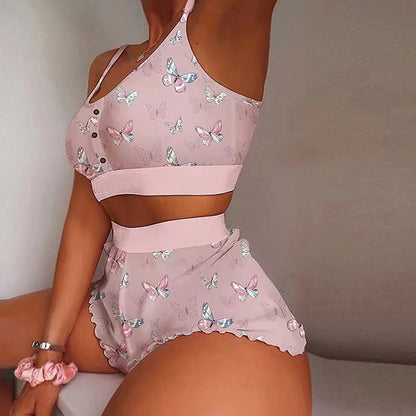 Swimsuit Women's 2-Piece Set Fashion Strawberry Print Lace Lace Sling Two-Piece Set Home Clothes Sweet Pajamas