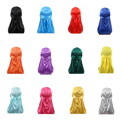 Unisex Women Men Silk Durag Turban Hat Wigs Biker Headwear Headband Hair Accessories Long Tail Straps Bandanas Silky Durags